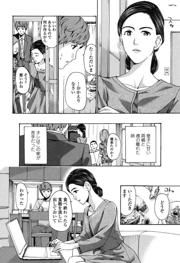 【エロ漫画】彼女と別れて実家に帰ってきた弟が年の離れた四十路前の熟女姉と一緒に酒を飲んだら美人に見えてきて足マンしても嫌がらないので何度も近親相姦する！