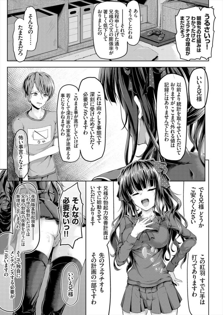 【エロ漫画】膨張率が著しく低下してる兄のチンポをお目覚めフェラする巨乳なJK妹！勃起力改善計画と称して射精管理が始動！メイド衣装でパイズリや素股を行いどさくさ紛れに生挿入して近親相姦で童貞を奪う！