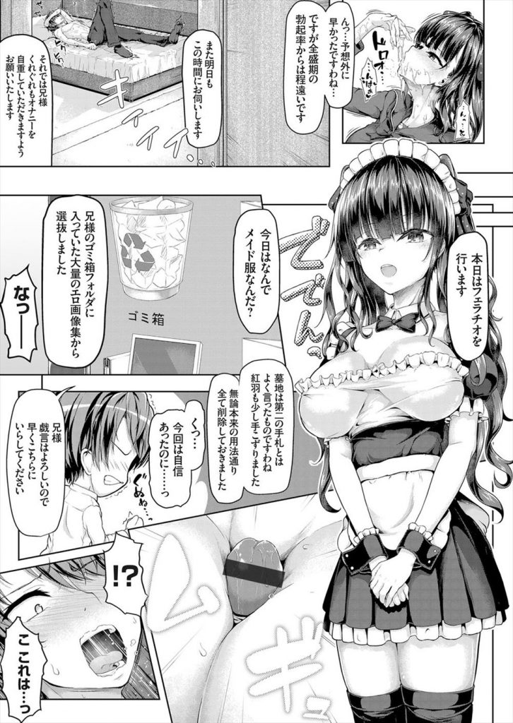 【エロ漫画】膨張率が著しく低下してる兄のチンポをお目覚めフェラする巨乳なJK妹！勃起力改善計画と称して射精管理が始動！メイド衣装でパイズリや素股を行いどさくさ紛れに生挿入して近親相姦で童貞を奪う！