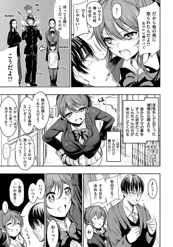 【エロ漫画】ママに告白する先生を好きになってしまう女子高生、美冬！ママが誕生日に告白をする事を決めた先生をサポートする事に。娘がわざわざ応援しているのに中々告白しない先生に告白の日を決めさせる。告白の日の前日、緊張しながら外の雪を眺めていたら、美冬が家に来た。ママの告白を手伝っているうちに先生を好きになってしまった。