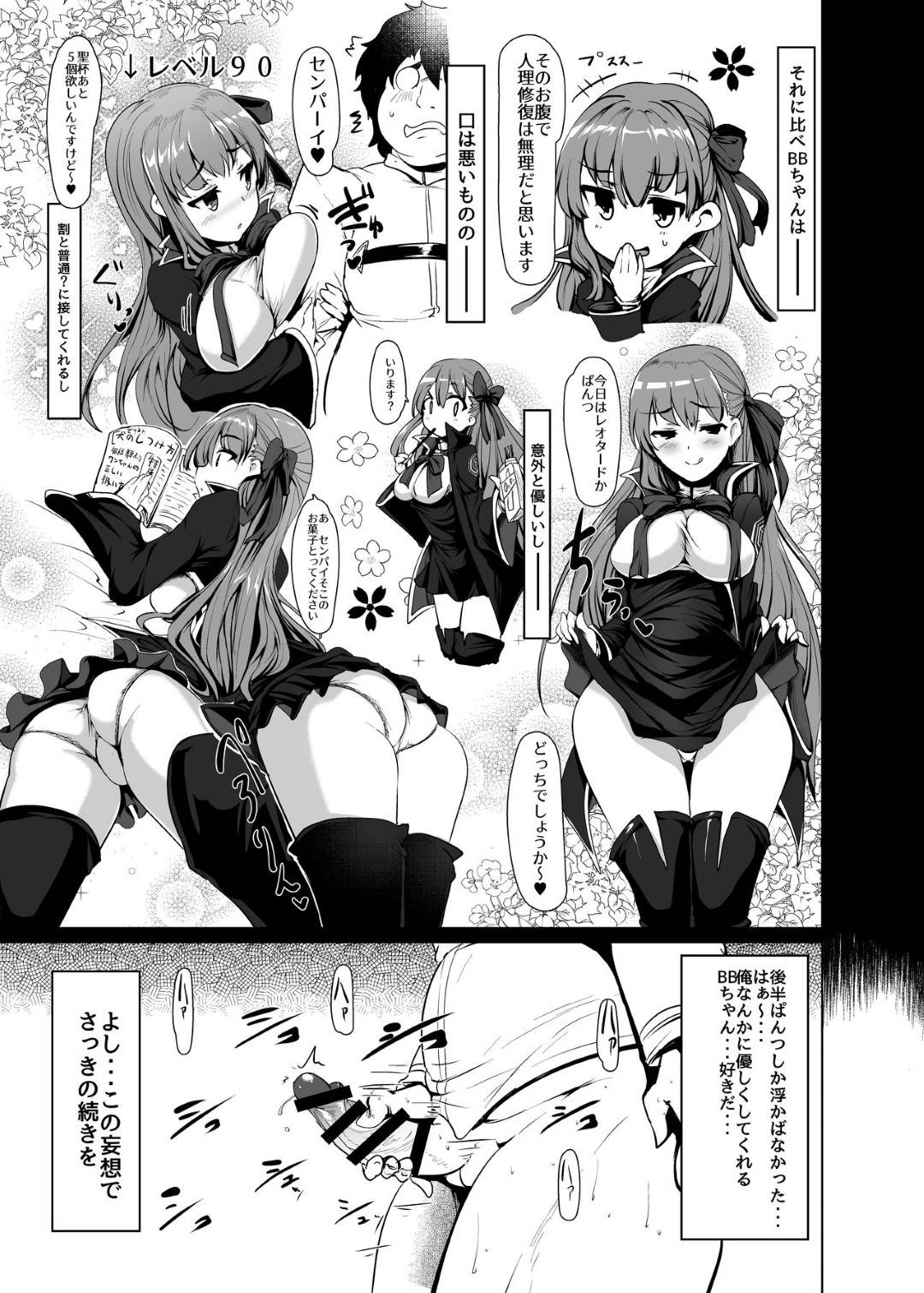 【エロ漫画】BBちゃんに叩き起こされて強引に玉責めを受けてしまうマスター。Sな彼女はおどおどする彼の玉を蹴ったり、オナニーさせたりと小悪魔プレイをする。そして満を持して手袋コキし、更にはベロチューまでさせてくれる展開に。そんな事をしている内にマスターの痺れが切れて発情してしまい、チンポを腿に挟んで獣のように腿コキ！